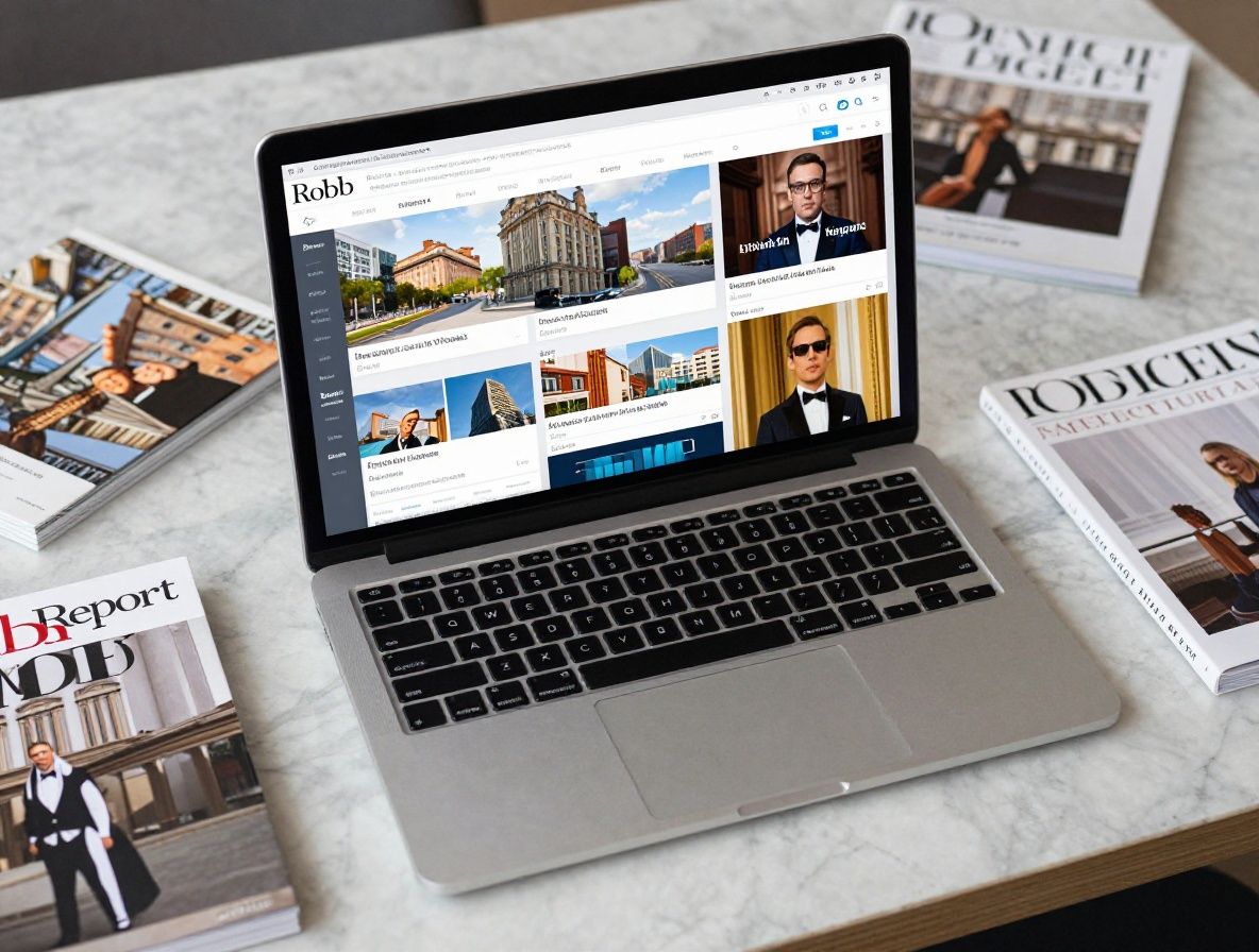 Открытый ноутбук с аналитическим дашбордом и разложенные журналы класса люкс Robb Report и Architectural Digest на мраморном столе