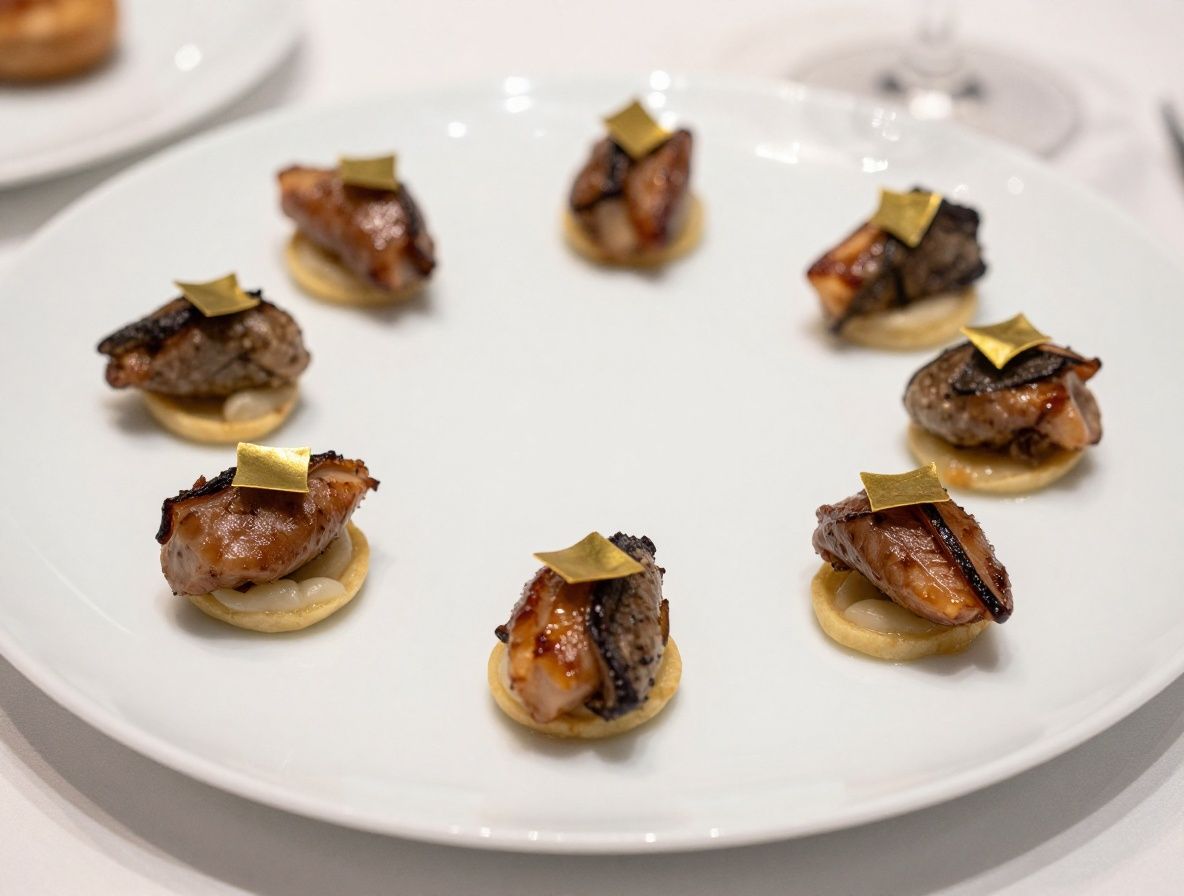 Блюдо высокой кухни с трюфелями и золотыми листьями на белой тарелке в ресторане с мишленовскими звёздами