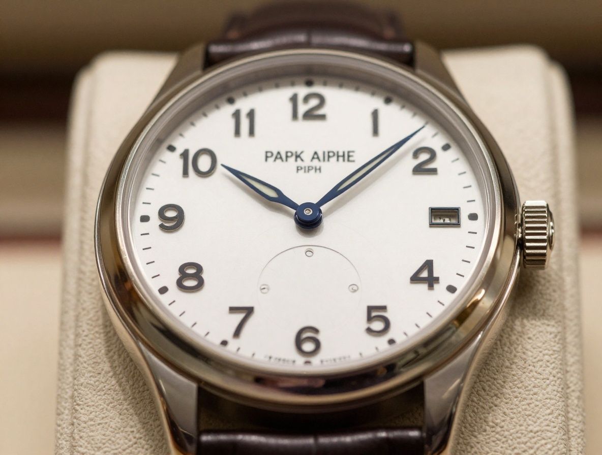 Крупный план циферблата швейцарских часов Patek Philippe из розового золота с усложнениями на тёмном фоне